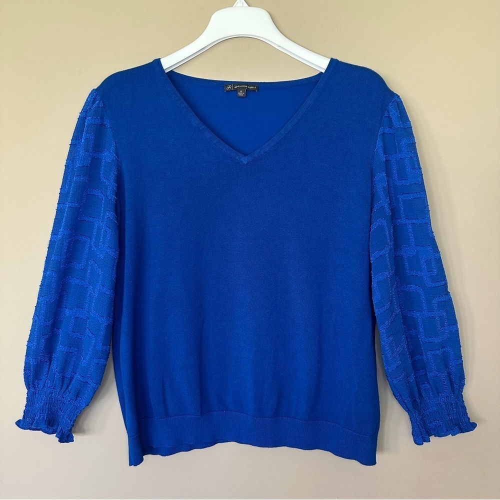 Adrianna Papell Cobalt Blue Top Blouse Women XL Sheer Balloon Sleeve Office Vnec